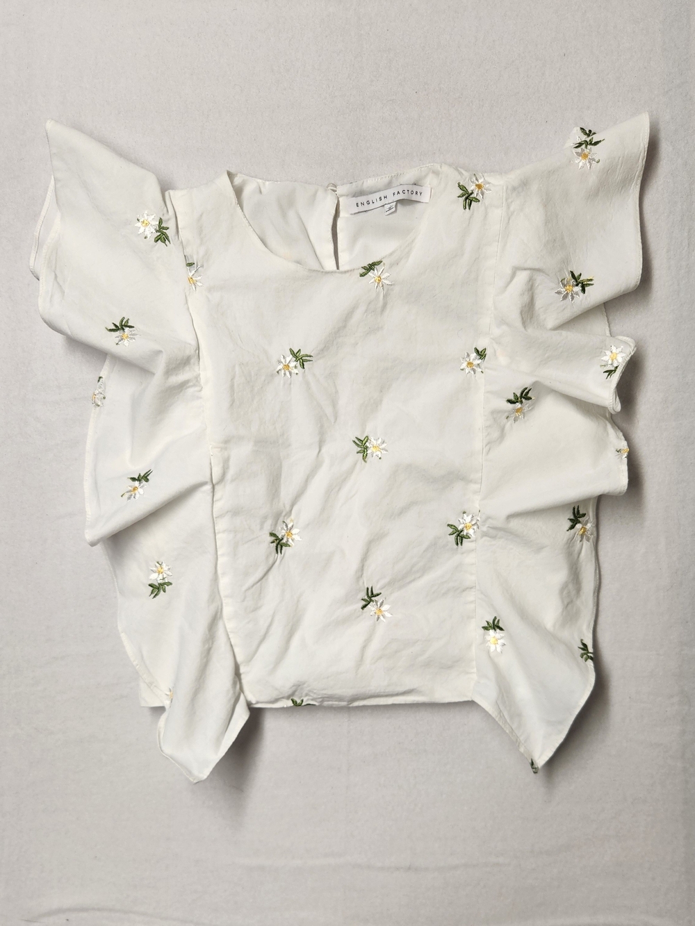 English Factory Embroidered Daisy Ruffle Sleeve Floral Top Parisian Chic - Sz S